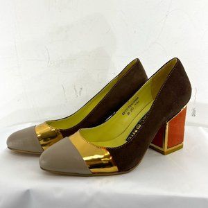Stunning Brown/Tan/Gold Suede and Leather Kat Maconie Pump Heels